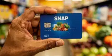 Hand holding SNAP EBT card in grocery store