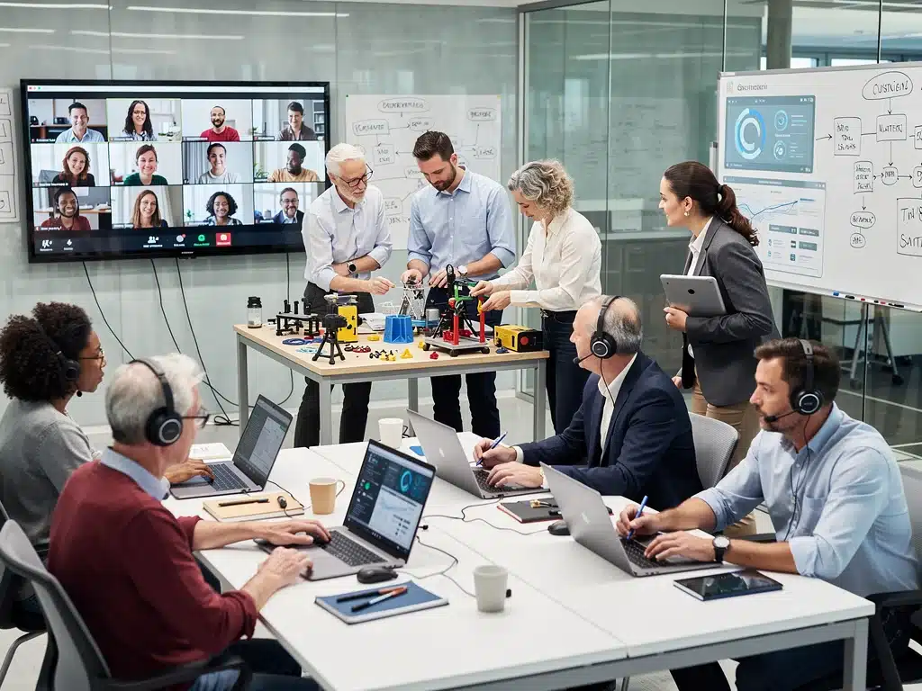 Diverse professionals upskilling and reskilling, demonstrating adaptability for future employment.
