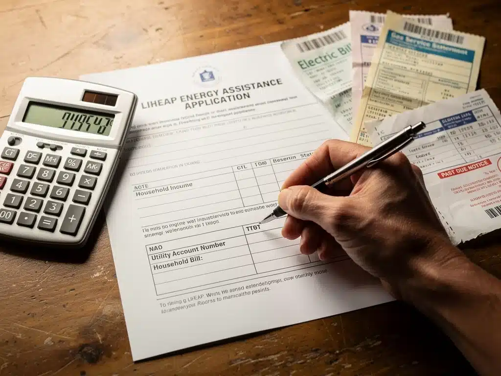 Person completing a LIHEAP grant application form with utility bills