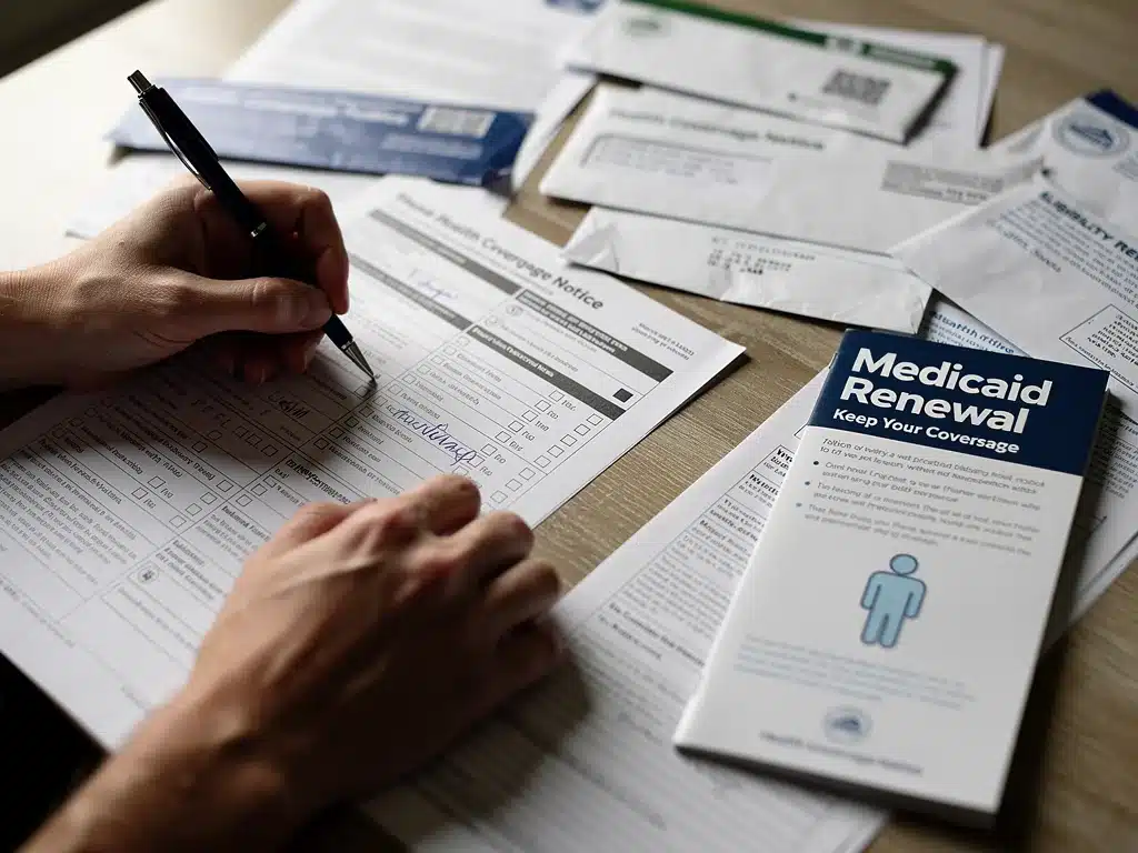 Person meticulously completing Medicaid renewal forms