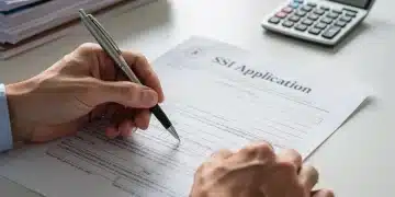 Person filling out SSI application forms with a pen, calculator, and documents.