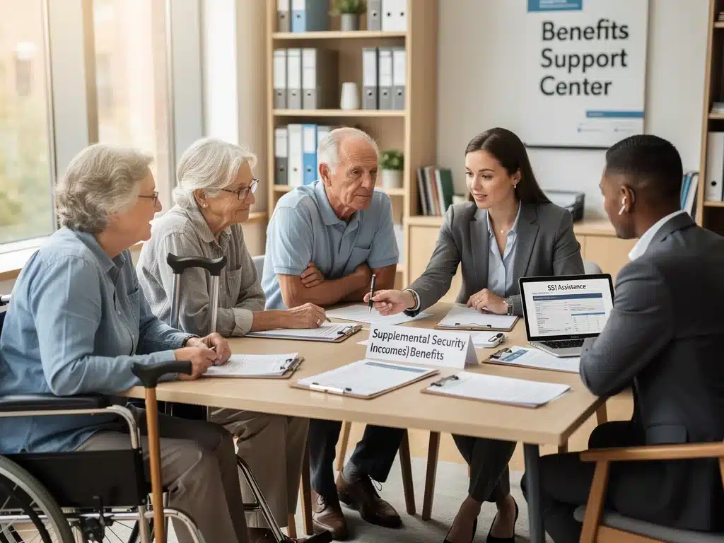 Diverse group consulting a benefit specialist about SSI application process.