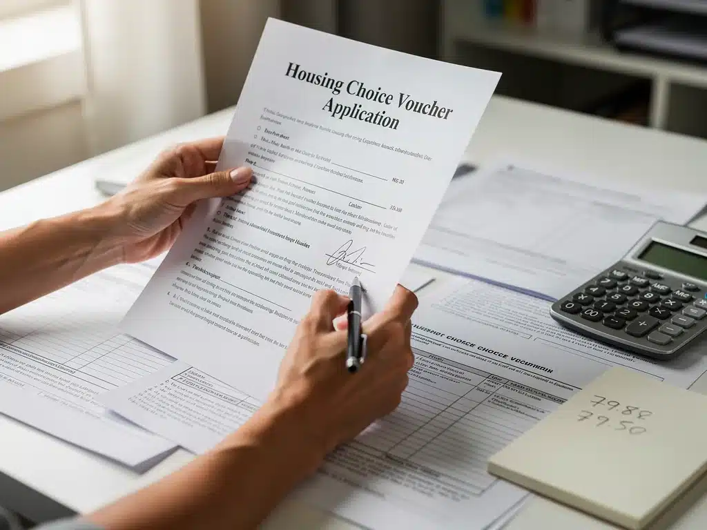 Person reviewing Housing Choice Voucher application and financial documents, calculating income caps and eligibility.
