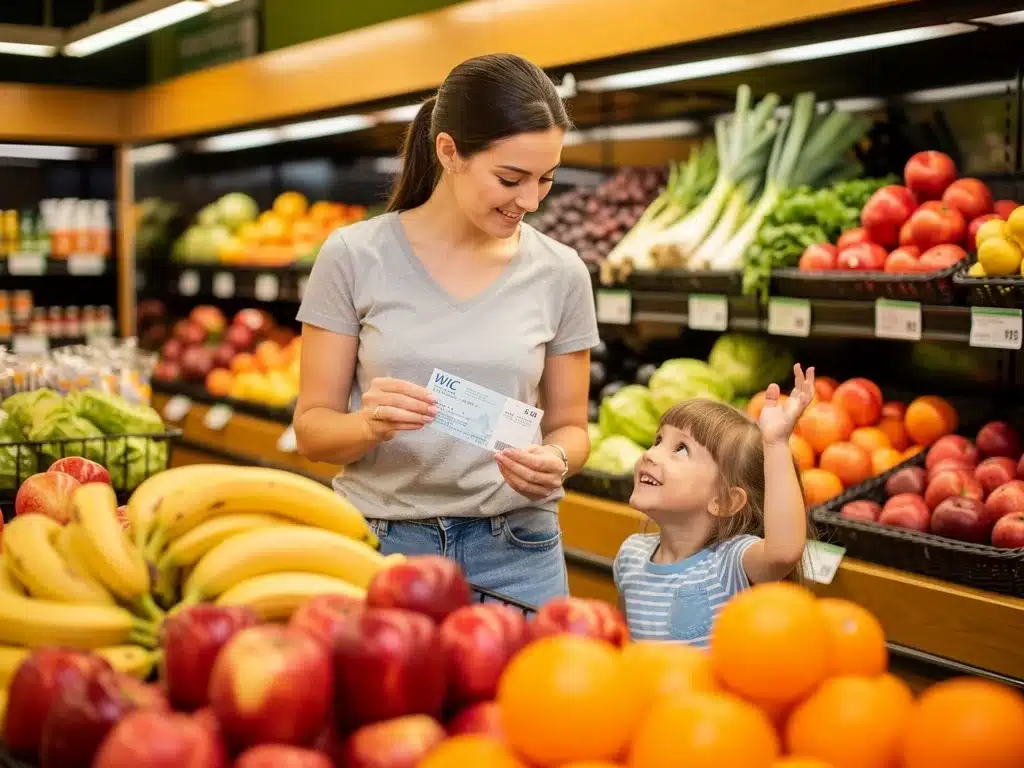 Mother and child shopping for fresh produce with WIC vouchers.